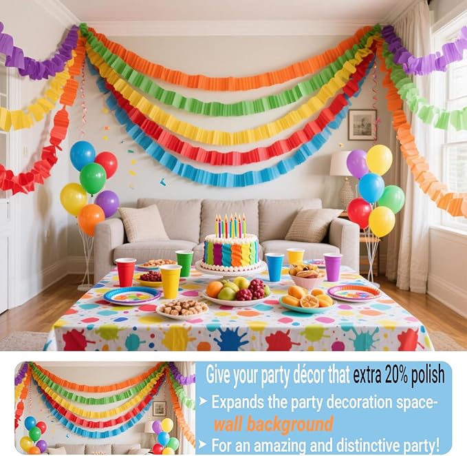 Colorful Rainbow Crepe Paper Streamers Birthday Party Backdrop for Banner and Balloons, Muilti Color Backdrop -6 Rolls Each 25 Meters 1.7in Wide
