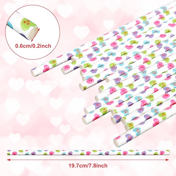 Whaline 200Pcs Valentine's Day Paper Straws Conversation Heart Disposable Drinking Straws Candy Color Heart Decorative Straws for Wedding Birthday Party Supplies