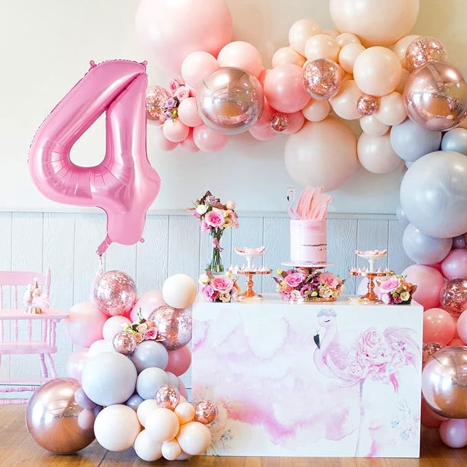 Pink Number 4 Balloon 40 Inch, Big Large Foil Helium Number Balloons, Jumbo Giant Mylar Number 4 Balloons for 4 Year Old Birthday Party Decorations Supplies Anniversary Celebration