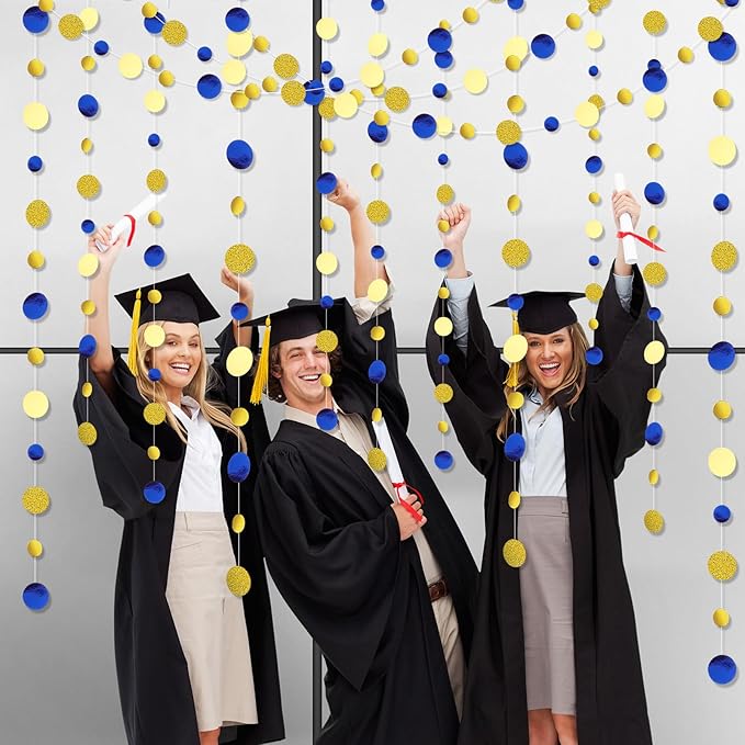 Outus 10 Pieces Blue,Gold Round Dots Garland Graduation Party Hanging Decor Each Length 13.1ft Glitter Paper Dot Streamers for Birthday Wedding Classroom Supplies