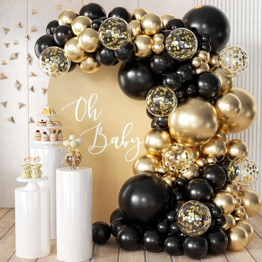 MEBAY Black Gold Silver Balloon Garland Arch Kit, 166Pcs 5 10 12 18 inch Latex Balloons with Gold Confetti for 2025 New Year Graduation Wedding Birthday Party Decoration