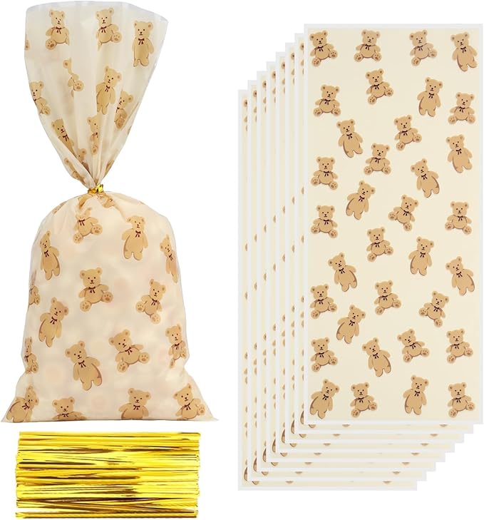 iNINGER 50 Pieces Bear Baby Shower Treats Cellophane Bags Plastic Goodie Candy Bags with 50 Gold Twist Ties Gift Bags for Gender Reveal Birthday Party Favors Baby Shower Treat Candy Gift Bags