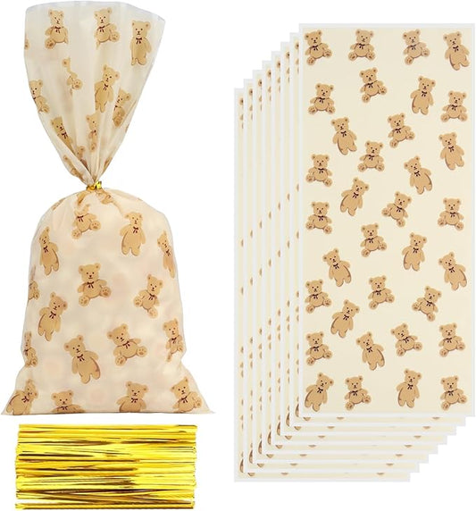 iNINGER 50 Pieces Bear Baby Shower Treats Cellophane Bags Plastic Goodie Candy Bags with 50 Gold Twist Ties Gift Bags for Gender Reveal Birthday Party Favors Baby Shower Treat Candy Gift Bags
