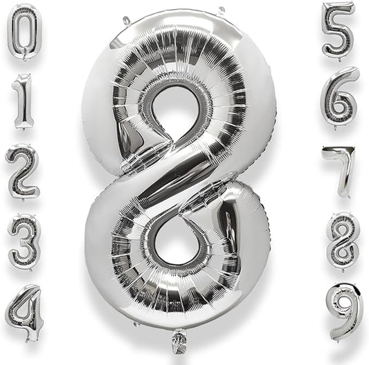 AULE 40 Inch Big Silver 8 Balloon Number Large Foil Helium Number Balloons 0-9 Jumbo Giant Happy 8th Birthday Party Decorations for Boy or Girl Huge Mylar Anniversary Party Supplies