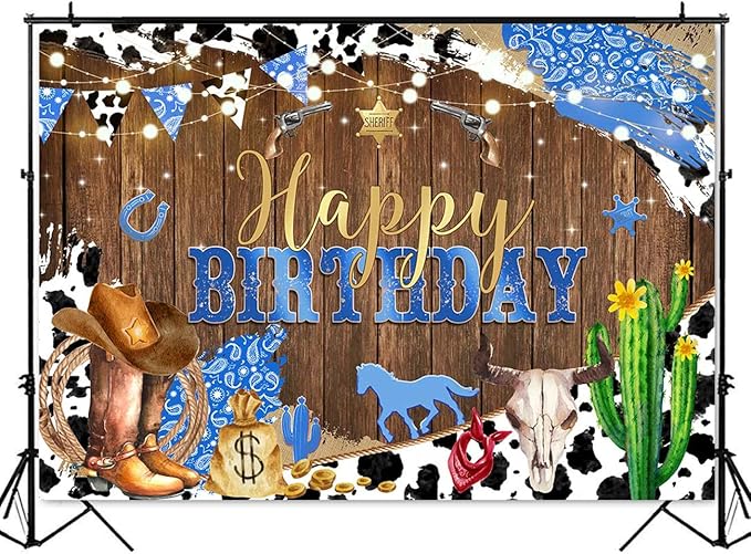 Mocsicka Western Happy Birthday Backdrop Brown Wood Kids Birthday Party Decorations Banner Rustic Old West Rodeo Photography Background Cowboy Party Supplies (Blue, 8x6ft(96x72 inch))