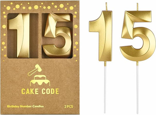 2.76 Inch Diamond Gold 15 Number Birthday Candles, Gold Number Candles, Cake Number Candles, Party Celebration