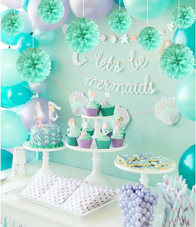 20 PCS Emerald Blue Tissue Paper Pom Poms, Tissue Pom Poms Flowers, Sizes of 6", 10", 12", 14" Hanging Paper Flower Ball for Wedding, Birthday, Halloween, Christmas, Baby Shower Party Decor