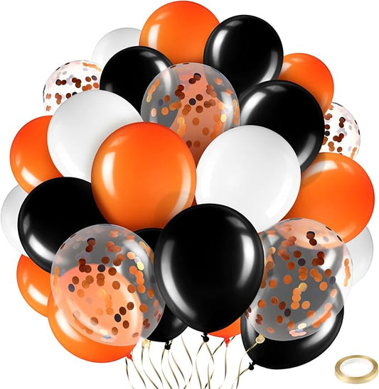 Sratte 60 Pcs 12 Inch Black Orange White Balloons Kit Halloween Decorations Confetti Latex Metallic Balloons with 2 Rolls Ribbon Party Favor for Memorial Day, Birthdays