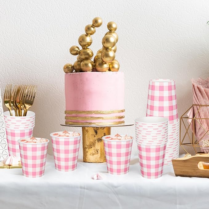 Whaline 50Pcs Buffalo Plaids Paper Cups Light Pink Checkered Disposable Cups Party Decorative Cups for Valentine’s Day Birthday Cold Hot Drinkware Tableware Decor Supplies, 9 Oz