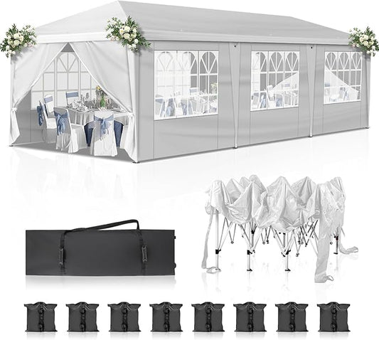 VINGLI 10x30 Pop Up Canopy Tent with Sidewalls, Outdoor Gazebo Canopy Tent, Patio Event Tents Outdoor Event Shelter for Parties (White)