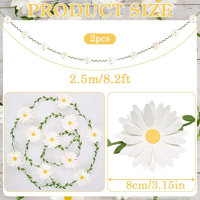 2PCS Daisy Flower Garlands, Daisy Banner Garland White Flower Hanging Garland Banner Groovy Hippie Boho Birthday Decorations for Nursery Wedding Decor