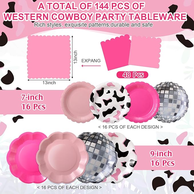 144 Pcs 48 Guests Cowgirl Party Plates and Napkins Sets Western Paper Plates and Napkins Pink Disco Disposable Tableware for Rodeo Birthday Bachelorette Western Wedding Tea Party Supplies