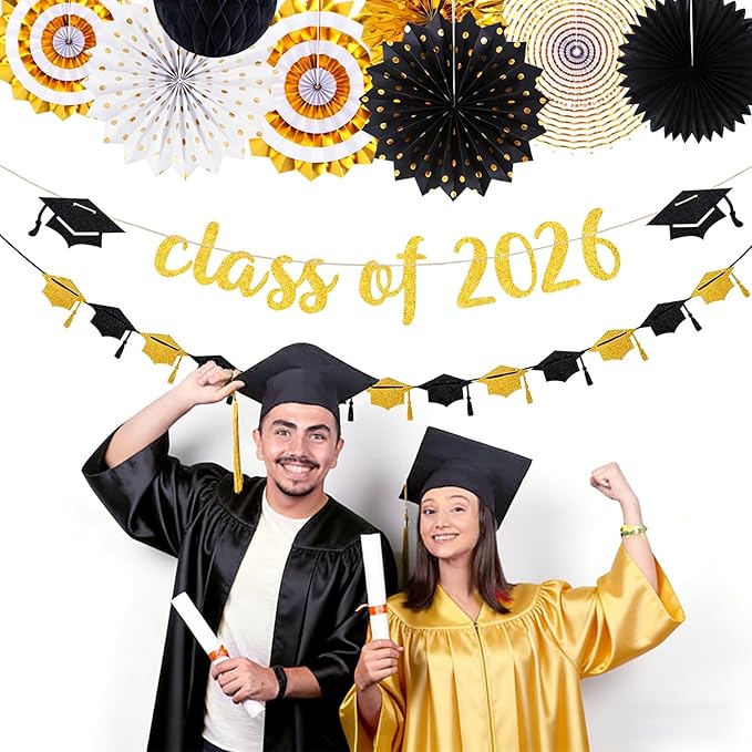 Black Gold Party-Decorations Graduation Banner-Streamers - 18pcs Kits Class of 2026 Garland, Paper Tissue Pom Poms Fan, Honeycomb Lanterns Congrate Grad Congratulations Decor Panduola