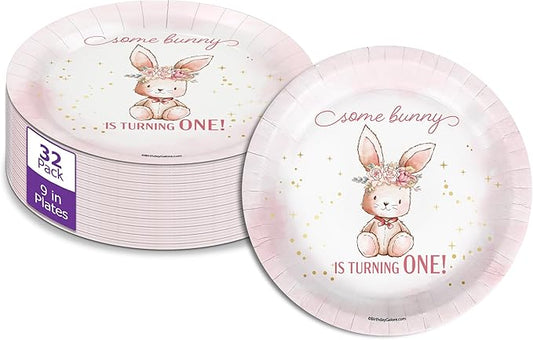 Some Bunny is Turning One First Birthday - 32 Piece Disposable Party Supplies - Decorations for Rabbit 1st Birthday Round Party Plates - Large 9" Paper Plates In Bulk