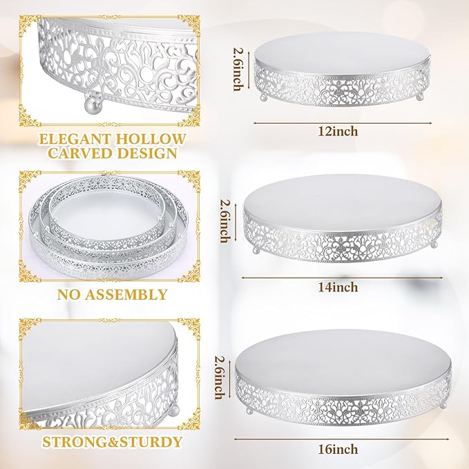 Wenqik 3 Pcs 16'' 14'' 12'' Metal Silver Cake Stand Round Cake Stands for Dessert Table Cookies Fruit Serving Tray Cupcake Dessert Pastry Riser for Wedding Birthday Party and Events