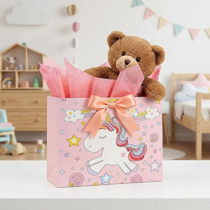 6 Pack Birthday Gift Bags Set for Kids ,Large Holiday Goody Bags with Handle, 6 Ribbons&6 Greeting Cards, Reusable Birthday Treat Bags for Party Favors,Candy,Toys,Classroom Gifts, Cartoon&Cute Design