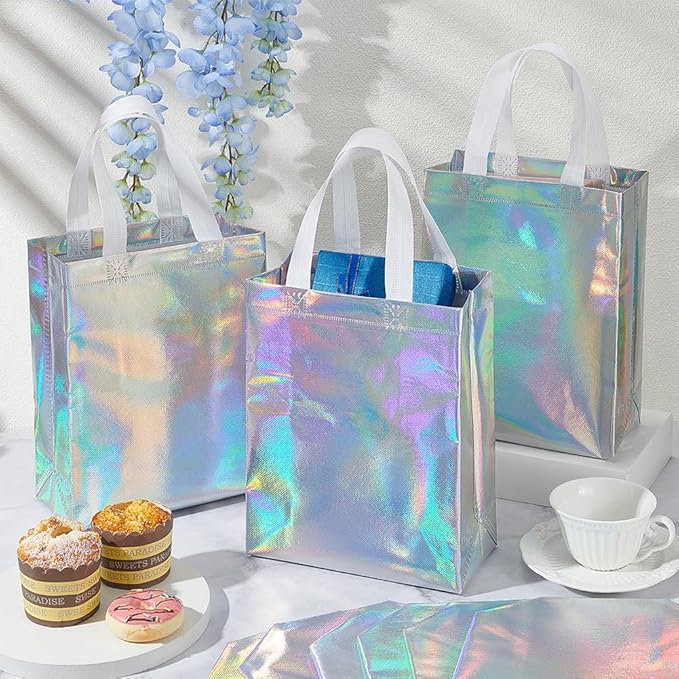 CUTHOLLOW 18 Pcs Iridescent Reusable Gift Bags with Handles for Party Favor, Bulk Non-woven Party Goodie Bags with Sturdy Base - Small Medium Christmas Birthday Wedding Gift Bags for Women