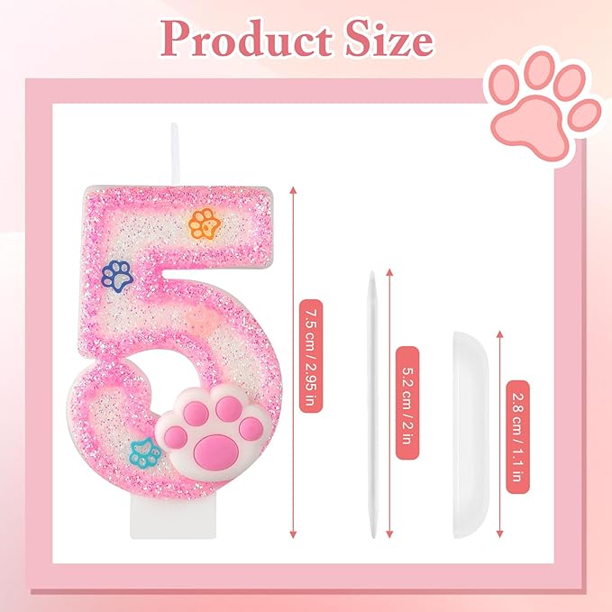 AKURIEEY Dog and Cat 5th Birthday Candle Pink Numbers 5 Candle Paw Cake Topper Cupcake Decorations for Pet Theme Party Decor Anniversary Celebrations Supplies