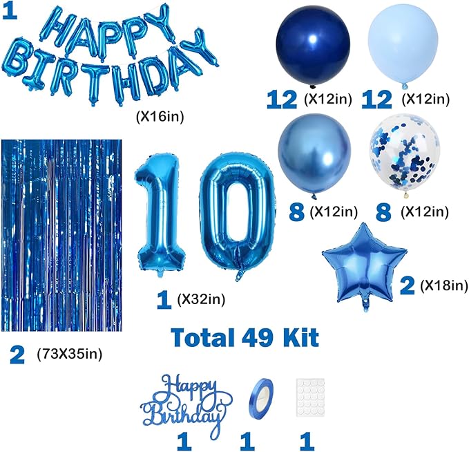 10th Birthday Decorations for Boys 10 Balloon Number 10th Birthday Banner Blue Streamers 10 Year Old Boy Birthday Decorations