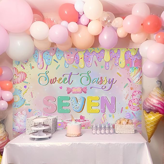 Mocsicka Donut 7th Birthday Banner Backdrop Sweet Sassy and Seven Birthday Party Decorations Banner for Girls Seven Birthday Party Banner for Phogography (Pink, 7x5ft(82"x60"))