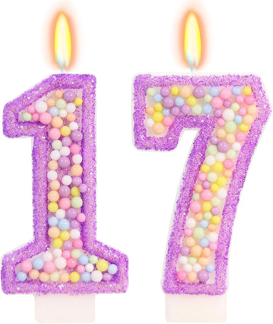 Purple Birthday Candles - Number 17 Candle, Colorful Macaron Candles, 17 Birthday Decorations for Girls, Purple Cake Decorations, Theme Party Supplies