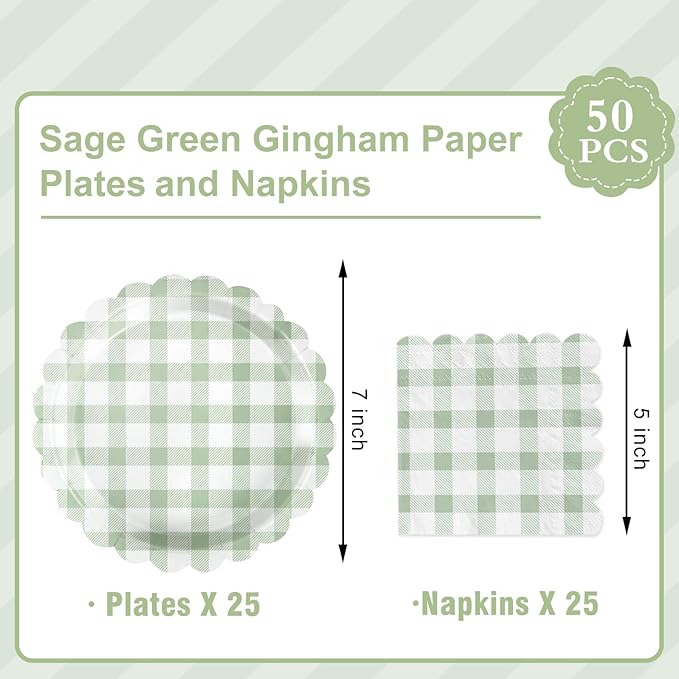 Oigco 50 Pcs Sage Green Gingham Party Supplies, Sage Green Disposable Scalloped Plates and Napkins for Wedding Bridal Shower Birthday Baby Shower, Serves 25