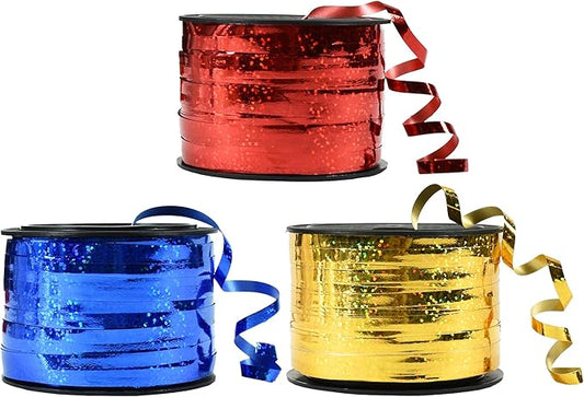 BEISHIDA 3 Pack 100 Yards Red Blue Gold Curling Crimped Glitter Ribbon Balloon String Shiny Metallic Gift Wrapping Ribbon Birthday Party Christmas Festival Art Craft Decoration