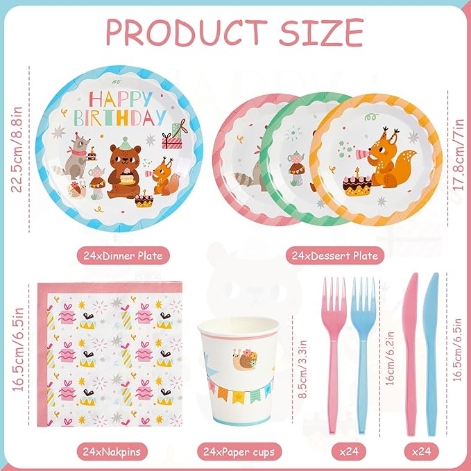 144Pcs Forest Woodland Animal Birthday Party Supplies Decorations Paper Plates Napkins Vintage Party Tableware Disposable Jungle Dinnerware Set for Kids Birthday Baby Shower Table Decor, Serve 24