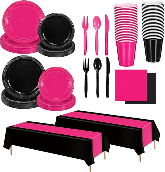Uiifan 194 Pcs Plastic Plates Party Set Disposable Tableware Set for 24 Guests with Plastic Plates Spoons Forks Knives Cups tablecloth Napkins for Graduation Birthday Wedding Party(Hot Pink,Black)