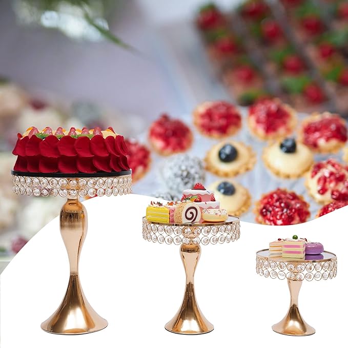 3 PCS Cake Stand Set Gold Crystal Dessert Table Plate Set,Metal Cupcake Tray Candy Fruit Display Tower for Wedding Afternoon Tea Birthday Party Baby Shower Anniversary