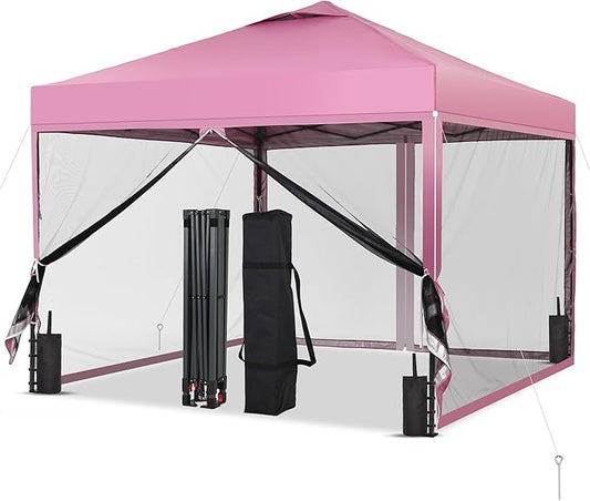 GDY 10x10 Pop up Canopy Tent with Mosquito Netting, Easy up Gazebo for Patio, Camping and Garden, Includes 4 Sandbags, Pink