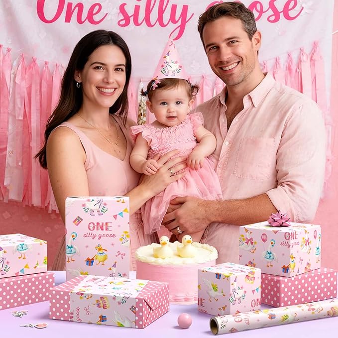 WERNNSAI Silly Goose Wrapping Paper - 1 Roll 17” x 33 ft 1st Birthday Wrapping Paper Pink Birthday Gift Wrap Baby Girls One Year Present Packing Wrap Baby Shower Reversible Design