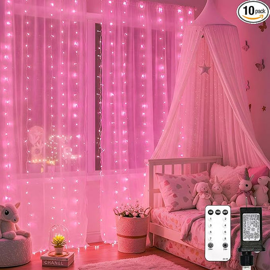suddus Curtain Lights for Bedroom, 300 Led 9.8ft x 9.8ft Hanging String Lights Outdoor, Fairy Curtain Lights for Backdrop, Window, Wall, Wedding, Party,Birthday Decoration,Pink