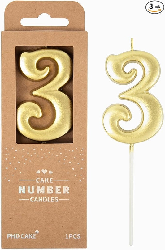 PHD CAKE 2.76 Inch Elegant Gold 3 Number Birthday Candles, Gold Number Candles, Cake Number Candles, Party Celebration