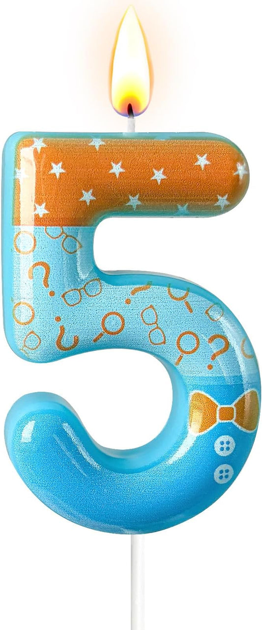 Number 5 Birthday Candle for Cake – Blue Cartoon Outfit Style with Bow Tie, Question Mark & Star Pattern – Fun Cake Topper Decoration for Celebration
