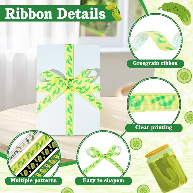 4 Rolls Pickles Ribbons, 5/8" x 20 Yard Cucumber Printed Grosgrain Ribbon Funny Pickle Party Decorations Green Pink Stripe Pickle Theme Craft Ribbons Kind of A Big Dill Theme Decoration