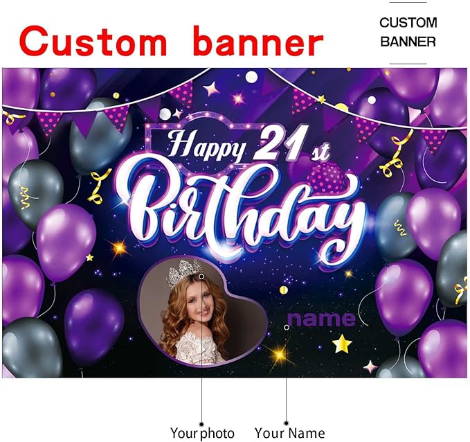 Custom Purple Theme 21st Birthday Decorations Banner - Personalized Fabric Banner for 21st Birthday Party Supplies