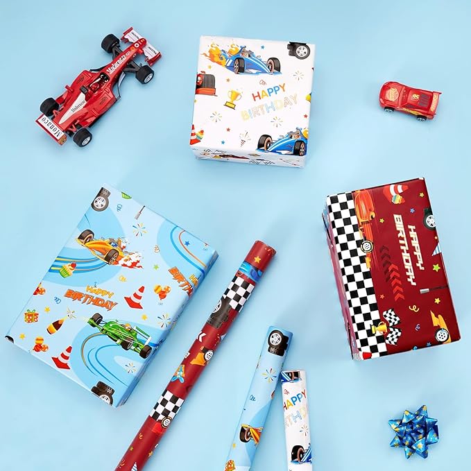 WERNNSAI Race Car Wrapping Paper Rolls - 3 Short Rolls 17 in x 120 in Racing Car for Kids Boy Birthday Truck Car Theme Party Gift Packing Supply Red Blue White Wrapping Paper with Cut Lines