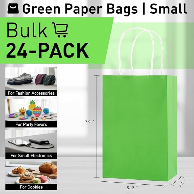 SUNCOLOR Green Gift Bags with Handles, 24 Pack Kraft Paper Party Favor Bags, 7.9x5.12x3.15 Inches, with Tissue Paper for Christmas, St. Patrick's Day, Birthdays
