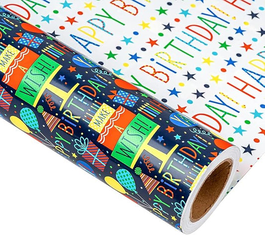 MAYPLUSS Reversible Birthday Wrapping Paper Mini Roll - 17In x 16.5Feet - Colorful Happy Birthday Lettering,Cake,Candle Pattern Kid Boys Party Gift Wrap Present Paper for Baby Shower, Holiday