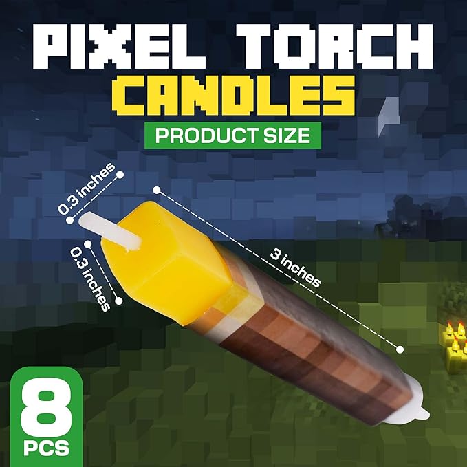 Pixel Torch Birthday Candles (8 Pack) - Large 3-Inch Wax Cake Toppers for Video Game Party Decorations - Novelty Gaming Themed Candle Set for Boys Level Up Celebration
