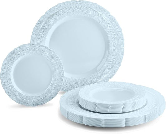 OCCASIONS 25 Guests Heavy Duty Disposable Plastic Plates Set ??25 Dinner Plates (11") & 25 Salad/Dessert Plates (8.25") ??Fancy Party Plates for Weddings, Events, Baby Shower ??Chateau Collection Blue