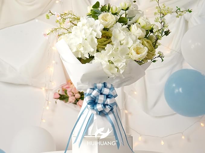 HUIHUANG Dusty Blue Pull Bows 6" x 10" Dusty Blue and White Double Layer Satin Pull Bows 12 PCS Gift Bow for Gift Wrapping Gift Basket Baby Shower Favors Wedding Party Decor