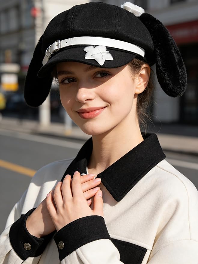 JIAHG Sweet Puppy Ears Beret Hat Cute Bunny Animal Ear Lolita Cabbie Cap Adjustable French Painter Y2K Fashion Beanie Cap