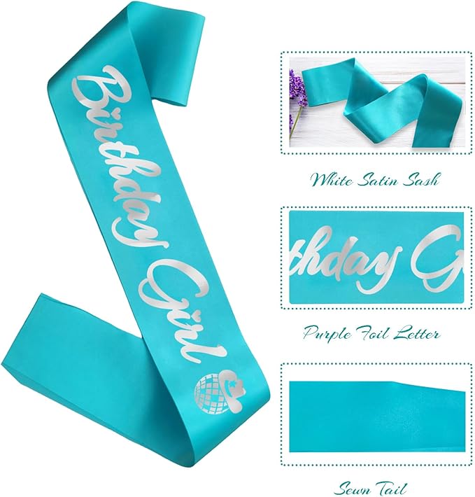 Birthday Girl Sash, Disco Cow Birthday Sash for Cowgirl Funny Birthday Gift Ideas Suppiles, Teal Blue+ Silver Foil