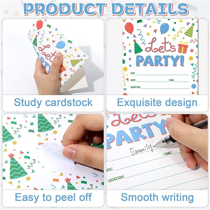 30 Packs Party Invitations for Birthday LET’S PARTY Invite Cards with Envelopes Label Stickers for Boys Girls Decorations Supplies Baby Shower Retirement Party Favors(Rainbow Dot)