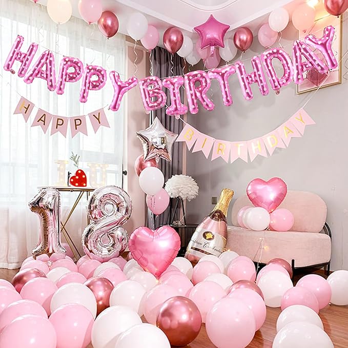CANREVEL Happy Birthday Banner 13pcs 16 Inch Mylar Foil Letters Balloons Birthday Party Decorations for Kids and Adults - 3D Pink Heart