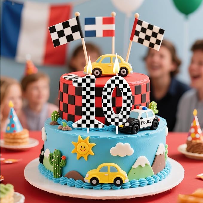 Racing Car Themed Birthday Candles, Number 0 Checkered Candles, Black & White Checkered Cake Decoration, Car Cake Topper for Party Decoration Theme Party Supplies
