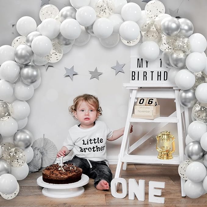62pcs Party Decorations Balloons Kit - 12 Inches Silver White Confetti Party Balloons for Graduation Birthday Wedding Party Baby Shower Decoration Supplies