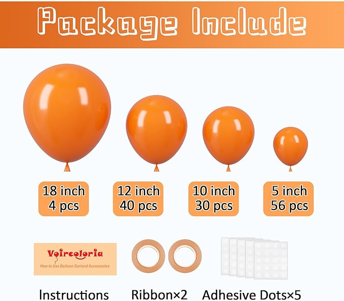 Voircoloria 130pcs Orange Balloons Different Sizes 18" 12" 10" 5" Orange Matte Latex Balloons for Boys Girls Birthday Baby Shower Gender Reveal Wedding Gender Reveal Autumn Party Decorations